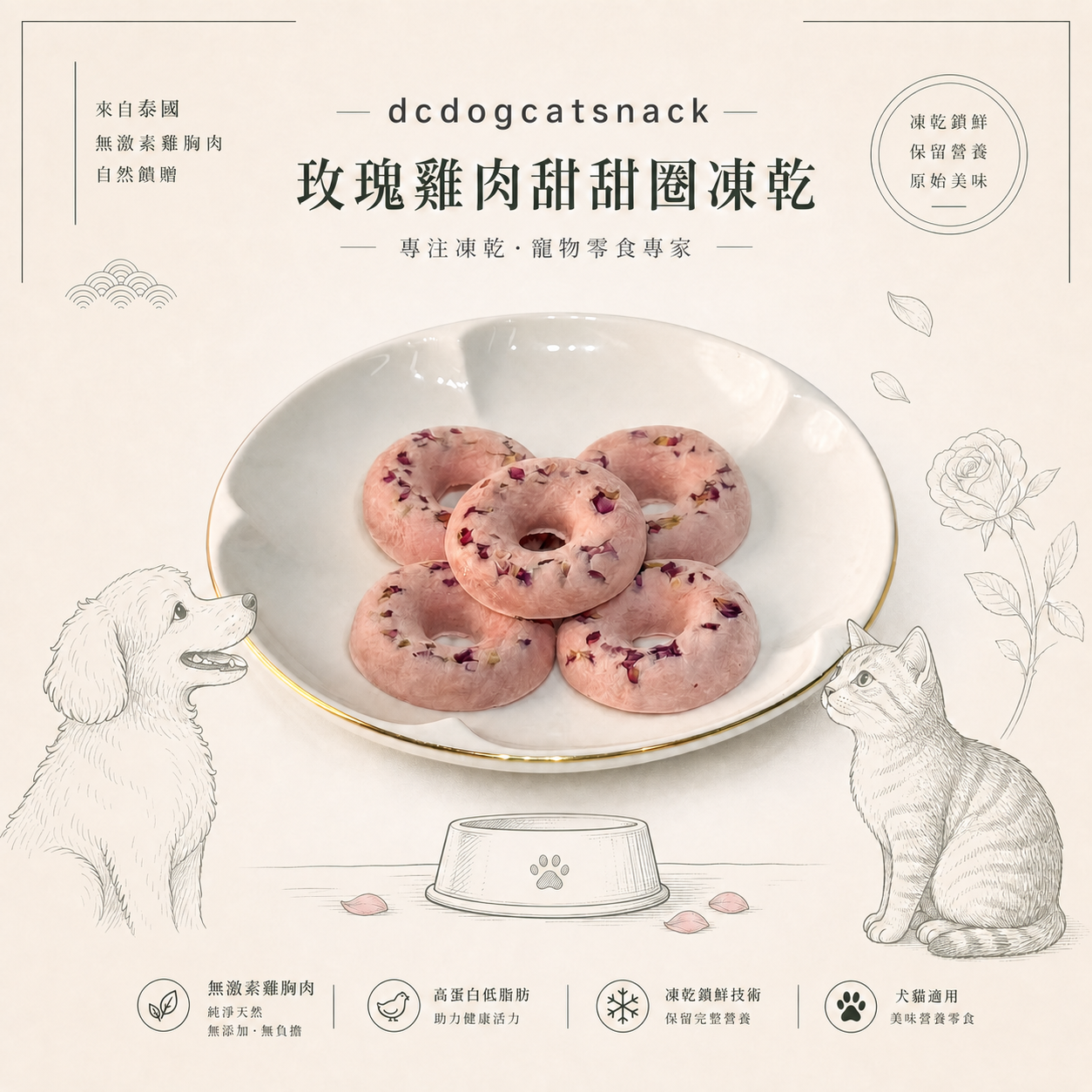玫瑰雞肉凍乾甜甜圈|嚴選鮮雞肉×天然玫瑰 抗氧化助消化 零防腐劑貓狗適用