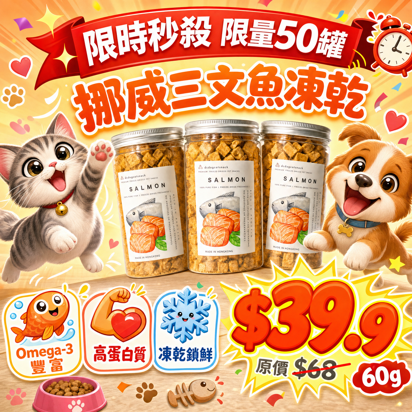 【限時秒殺⚡】每人限購1罐！挪威🐟三文魚凍乾 - 爆毛護膚汪喵零食